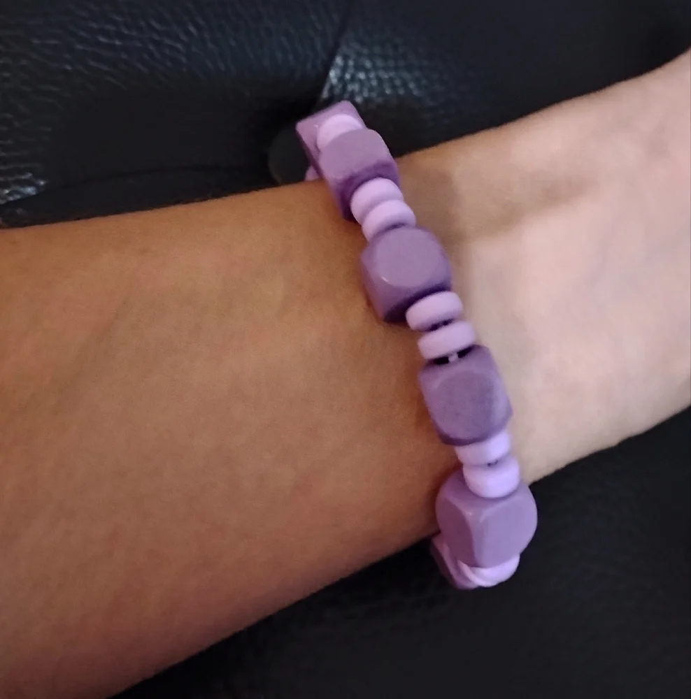 Purple Beaded Wooden & Polymer Clay Kids Bracelet Elastic String